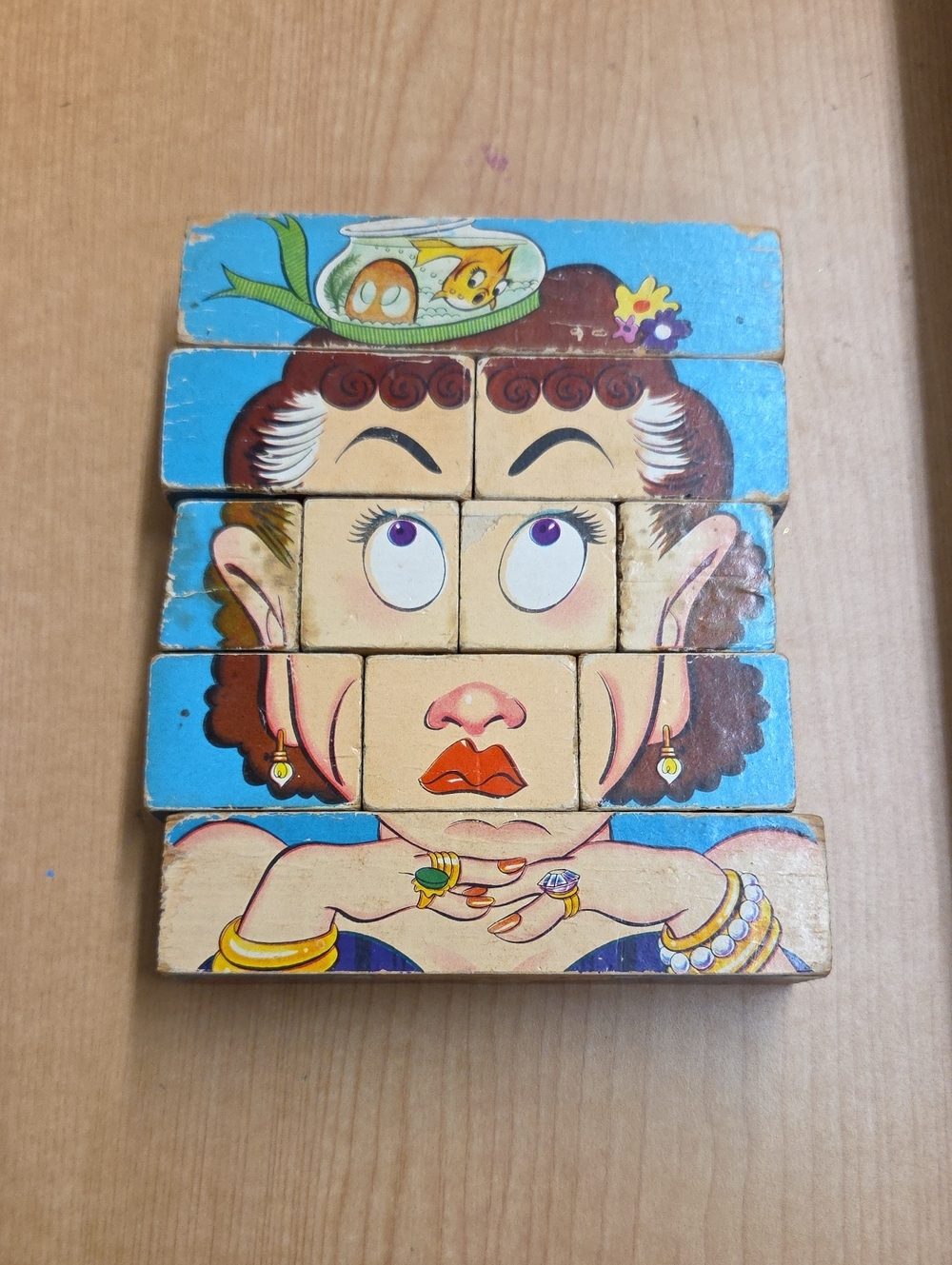 Vintage Changeable Charlie’s Aunt wooden block puzzle set, 1952